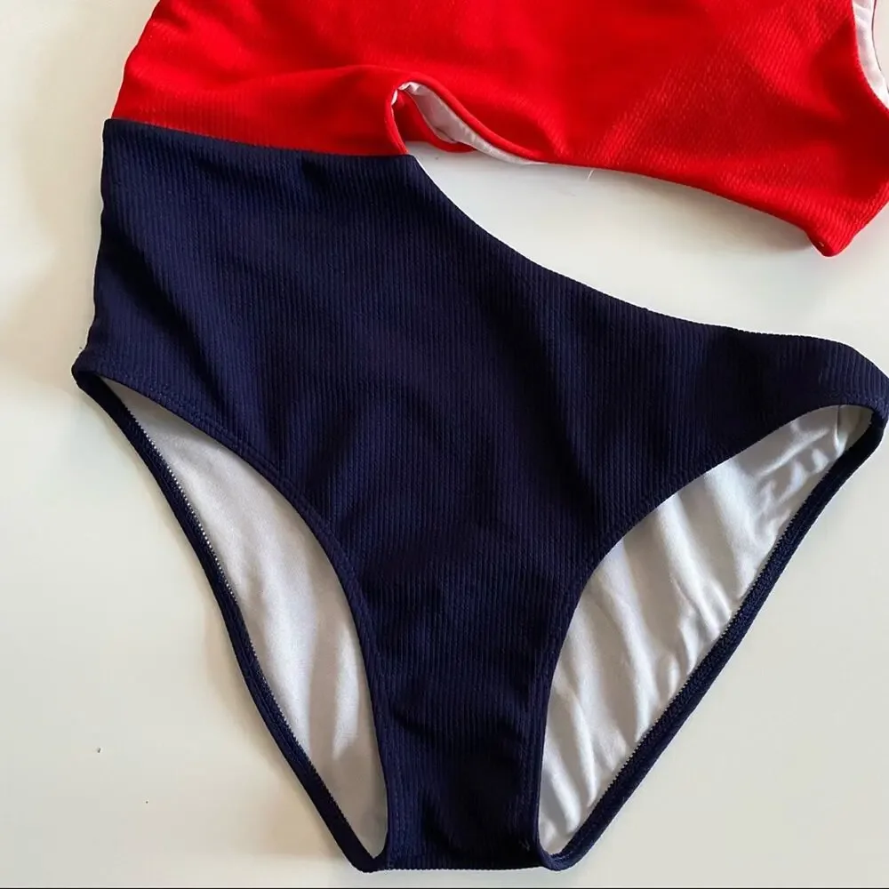 SHEIN Red Navy Colorblock One Shoulder Cut Out One Piece Swimsuit Size Large
